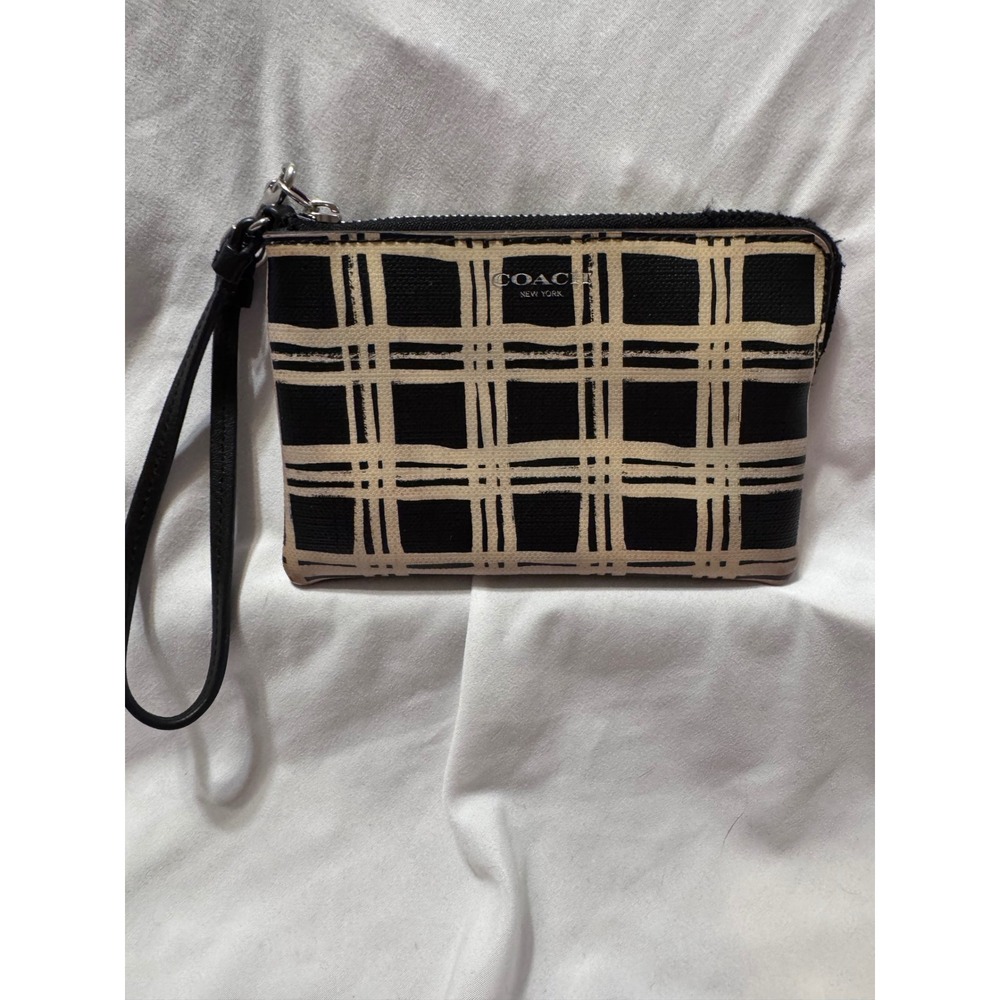 Coach New York Plaid‎ Wristlet Black Cream Coated Canvas Zip Top Pouch Wallet